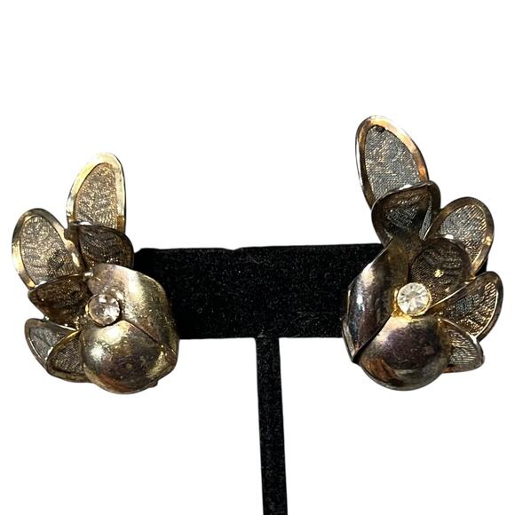 Vintage Bronze Flower Clip On Earrings Statement Petals Crystal Center - Picture 2 of 12